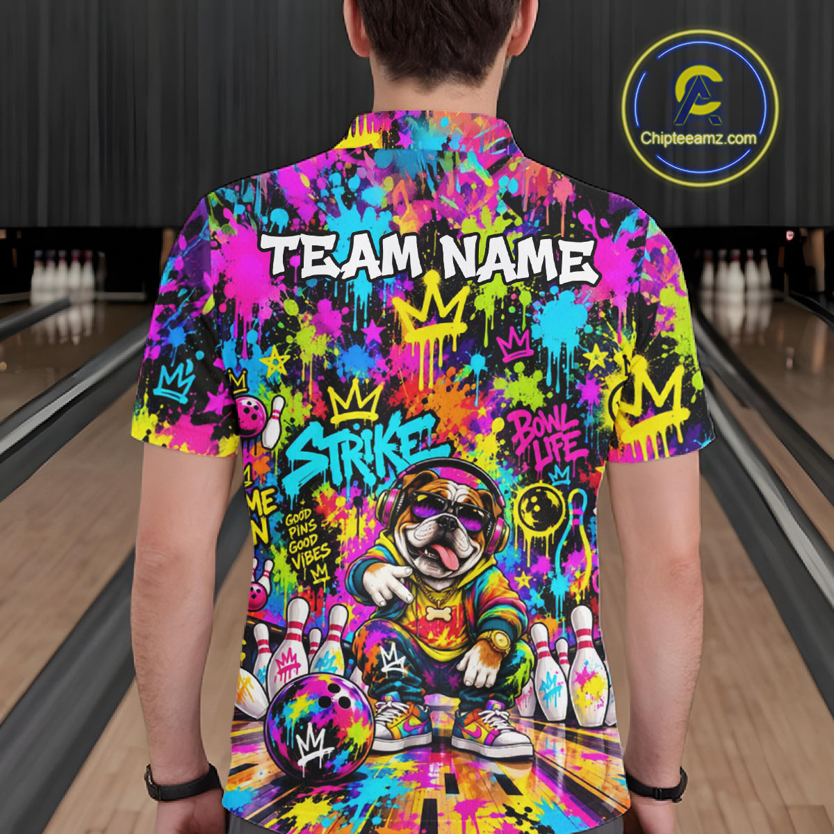 Funny Bowling Polo 1/4-Zip Shirt For Men Personalized Hip Hop Bulldog Graffiti Bowling Team League NYN4639