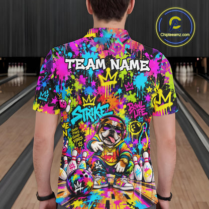 Funny Bowling Polo 1/4-Zip Shirt For Men Personalized Hip Hop Bulldog Graffiti Bowling Team League NYN4639