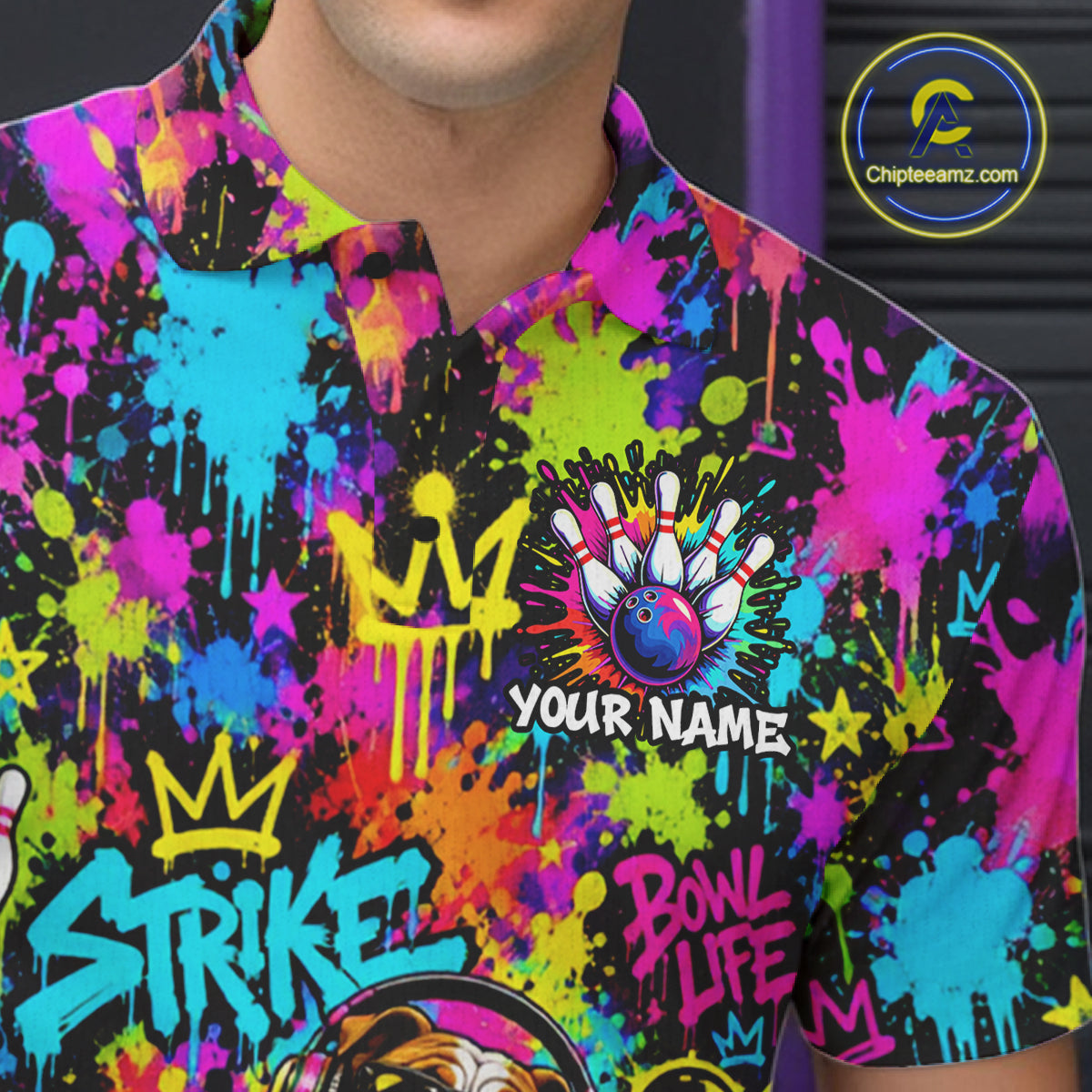 Funny Bowling Polo 1/4-Zip Shirt For Men Personalized Hip Hop Bulldog Graffiti Bowling Team League NYN4639