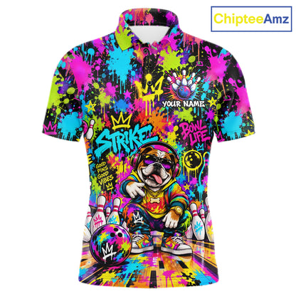 Funny Bowling Polo 1/4-Zip Shirt For Men Personalized Hip Hop Bulldog Graffiti Bowling Team League NYN4639