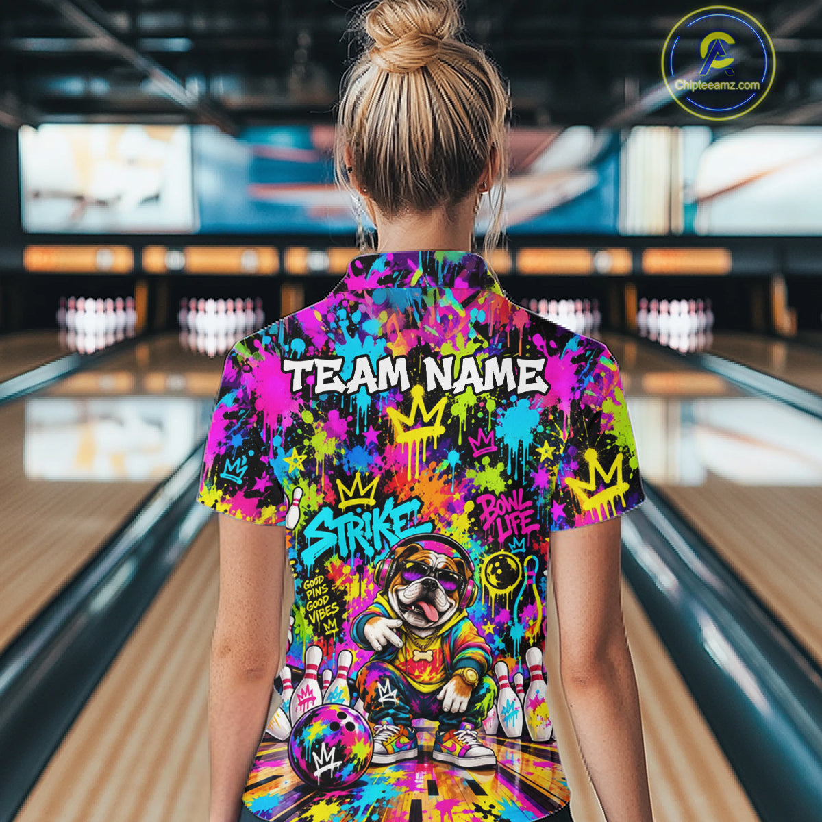 Funny Bowling Polo 1/4-Zip Shirt For Women Personalized Hip Hop Bulldog Graffiti Bowling Team League NYN4639