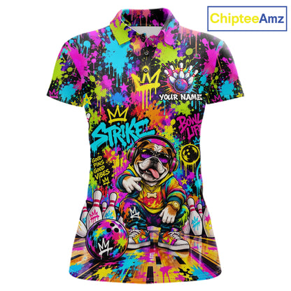 Funny Bowling Polo 1/4-Zip Shirt For Women Personalized Hip Hop Bulldog Graffiti Bowling Team League NYN4639