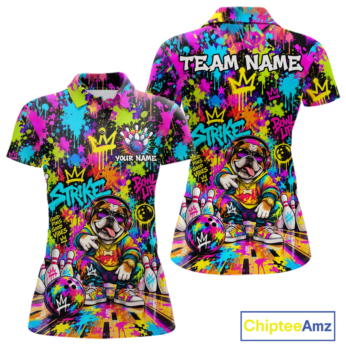 Funny Bowling Polo 1/4-Zip Shirt For Women Personalized Hip Hop Bulldog Graffiti Bowling Team League NYN4639