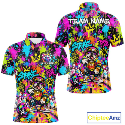 Funny Bowling Polo 1/4-Zip Shirt For Men Personalized Hip Hop Bulldog Graffiti Bowling Team League NYN4639