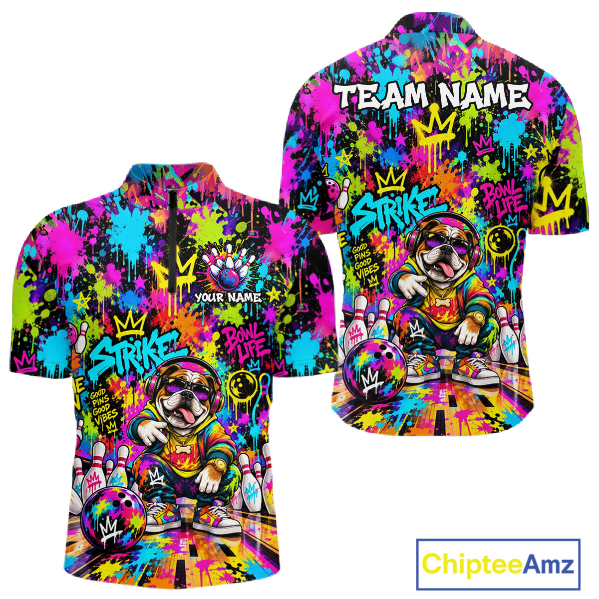 Funny Bowling Polo 1/4-Zip Shirt For Men Personalized Hip Hop Bulldog Graffiti Bowling Team League NYN4639