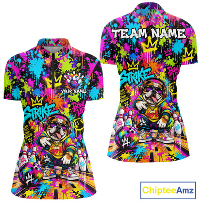 Funny Bowling Polo 1/4-Zip Shirt For Women Personalized Hip Hop Bulldog Graffiti Bowling Team League NYN4639