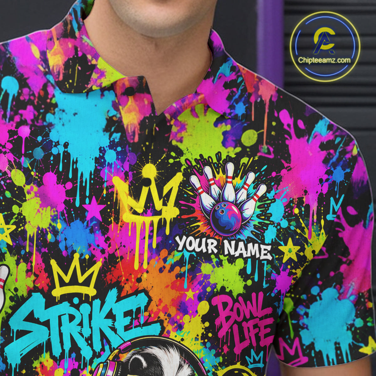 Funny Bowling Polo 1/4-Zip Shirt For Men Personalized Hip Hop Skunk Graffiti Bowling Team League NYN4640