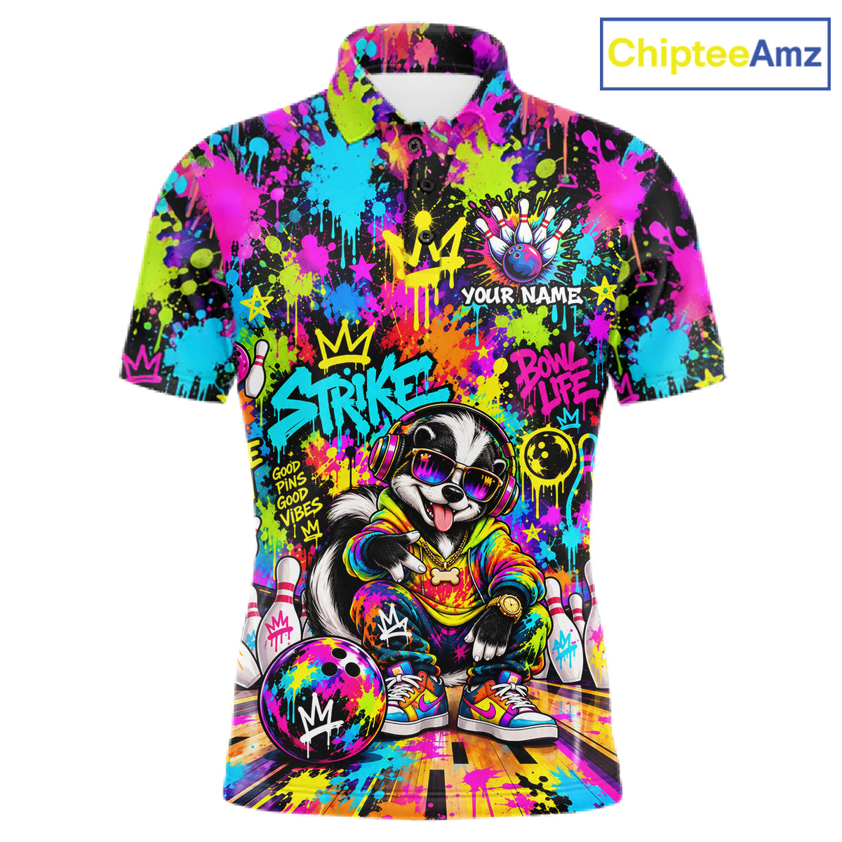 Funny Bowling Polo 1/4-Zip Shirt For Men Personalized Hip Hop Skunk Graffiti Bowling Team League NYN4640