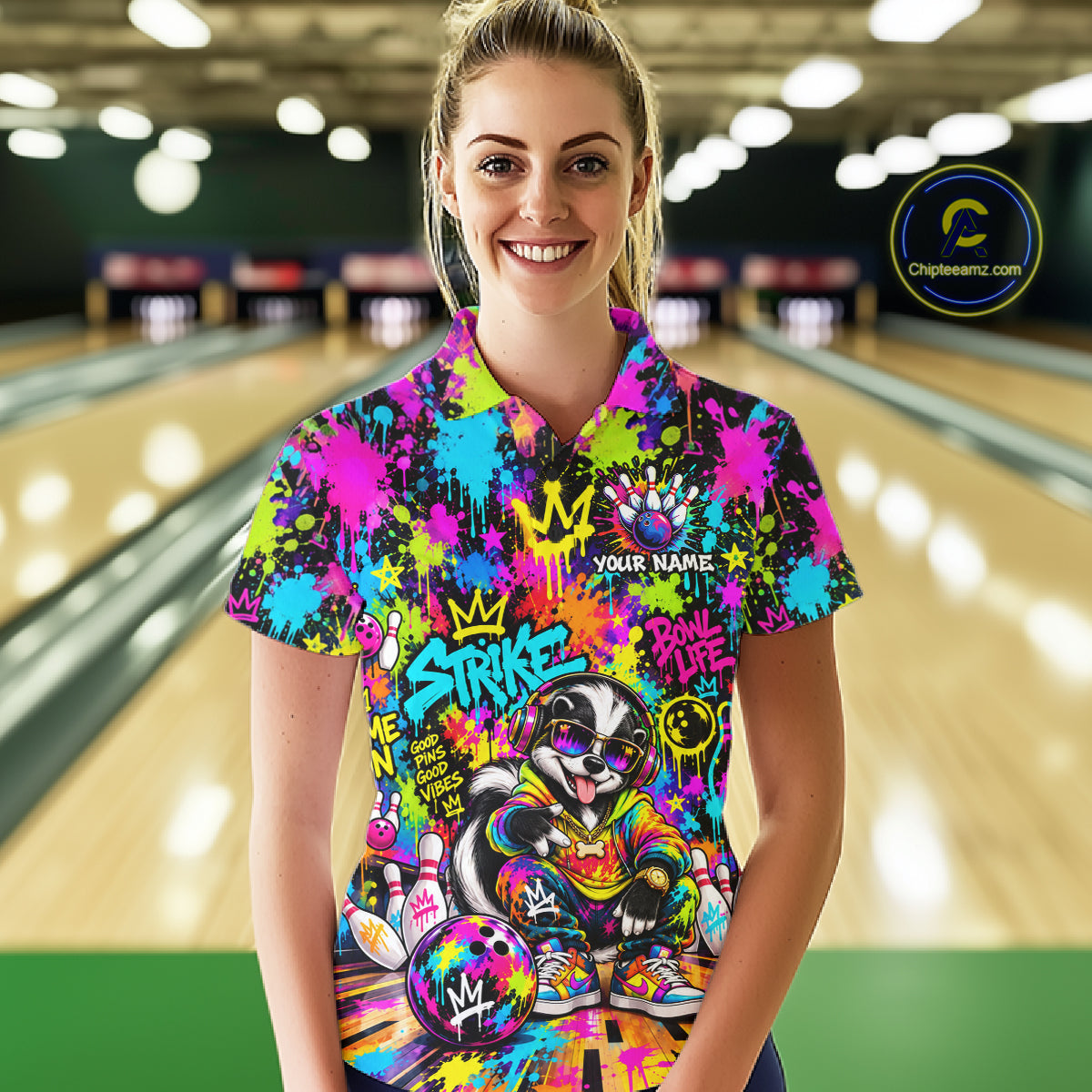 Funny Bowling Polo 1/4-Zip Shirt For Women Personalized Hip Hop Skunk Graffiti Bowling Team League NYN4640