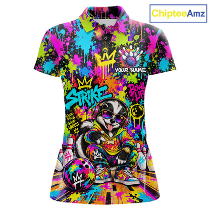 Funny Bowling Polo 1/4-Zip Shirt For Women Personalized Hip Hop Skunk Graffiti Bowling Team League NYN4640