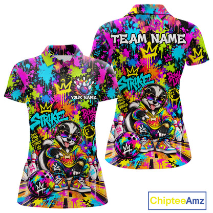 Funny Bowling Polo 1/4-Zip Shirt For Women Personalized Hip Hop Skunk Graffiti Bowling Team League NYN4640