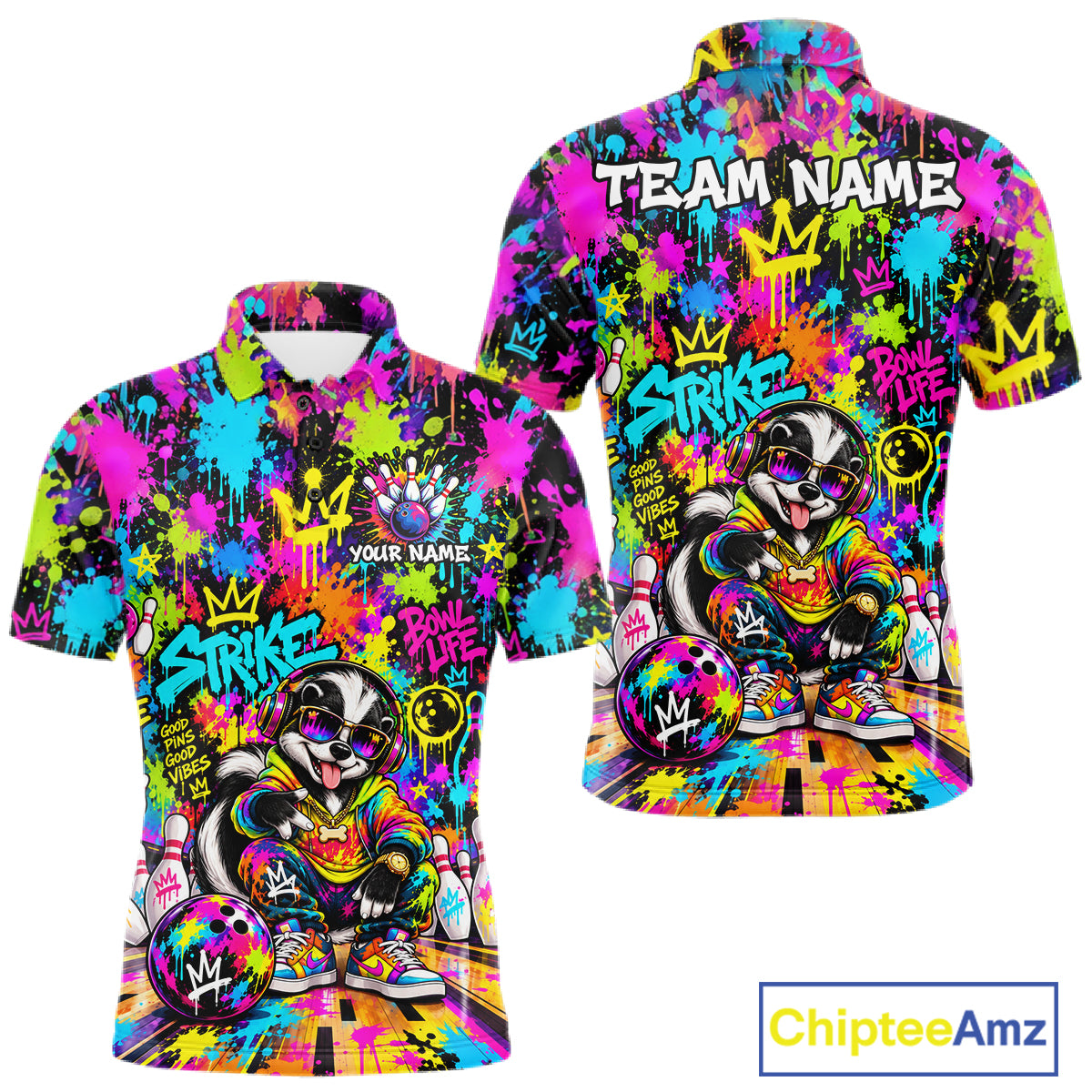 Funny Bowling Polo 1/4-Zip Shirt For Men Personalized Hip Hop Skunk Graffiti Bowling Team League NYN4640