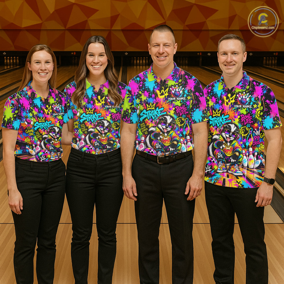 Funny Bowling Polo 1/4-Zip Shirt For Women Personalized Hip Hop Skunk Graffiti Bowling Team League NYN4640