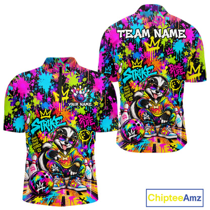 Funny Bowling Polo 1/4-Zip Shirt For Men Personalized Hip Hop Skunk Graffiti Bowling Team League NYN4640