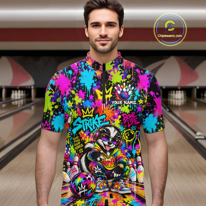 Funny Bowling Polo 1/4-Zip Shirt For Men Personalized Hip Hop Skunk Graffiti Bowling Team League NYN4640