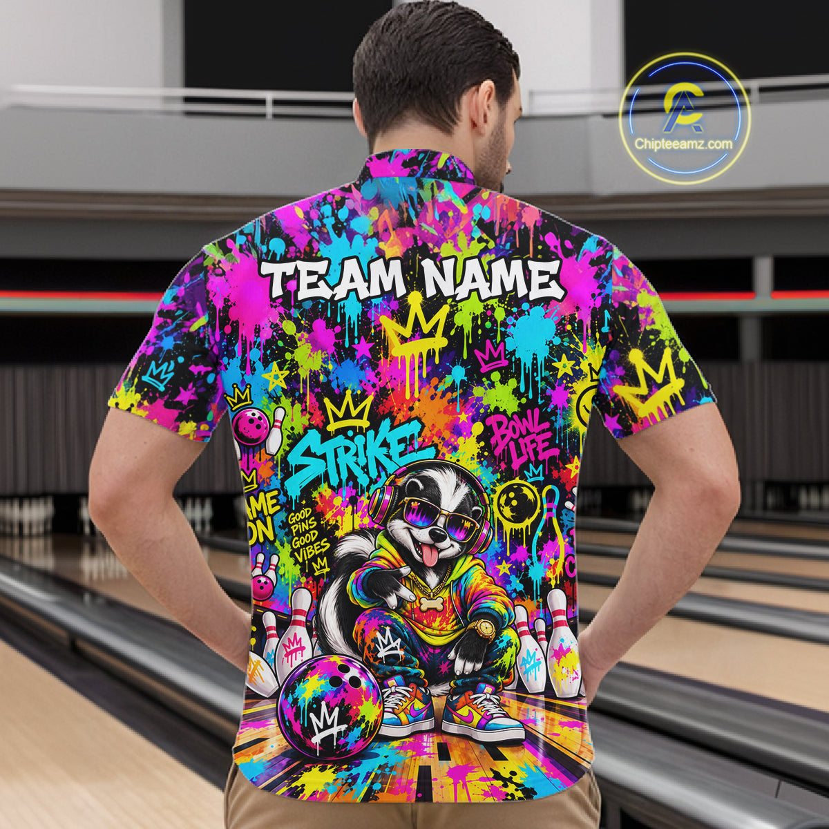 Funny Bowling Polo 1/4-Zip Shirt For Men Personalized Hip Hop Skunk Graffiti Bowling Team League NYN4640