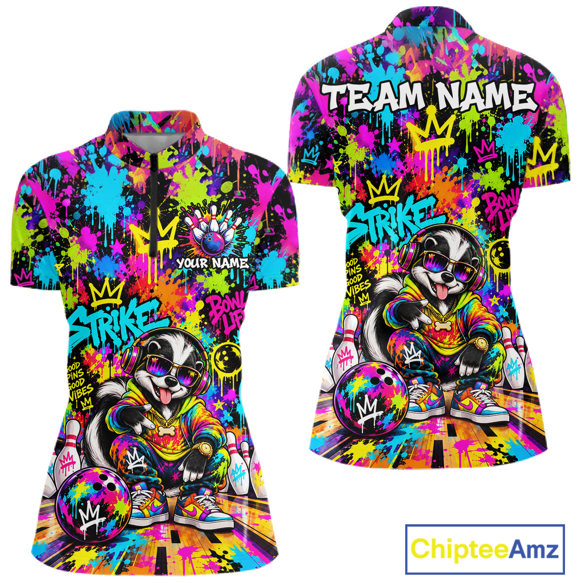 Funny Bowling Polo 1/4-Zip Shirt For Women Personalized Hip Hop Skunk Graffiti Bowling Team League NYN4640