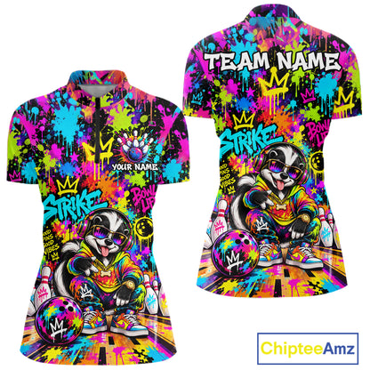 Funny Bowling Polo 1/4-Zip Shirt For Women Personalized Hip Hop Skunk Graffiti Bowling Team League NYN4640