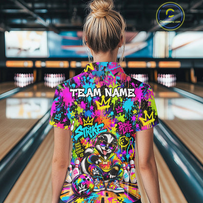 Funny Bowling Polo 1/4-Zip Shirt For Women Personalized Hip Hop Skunk Graffiti Bowling Team League NYN4640