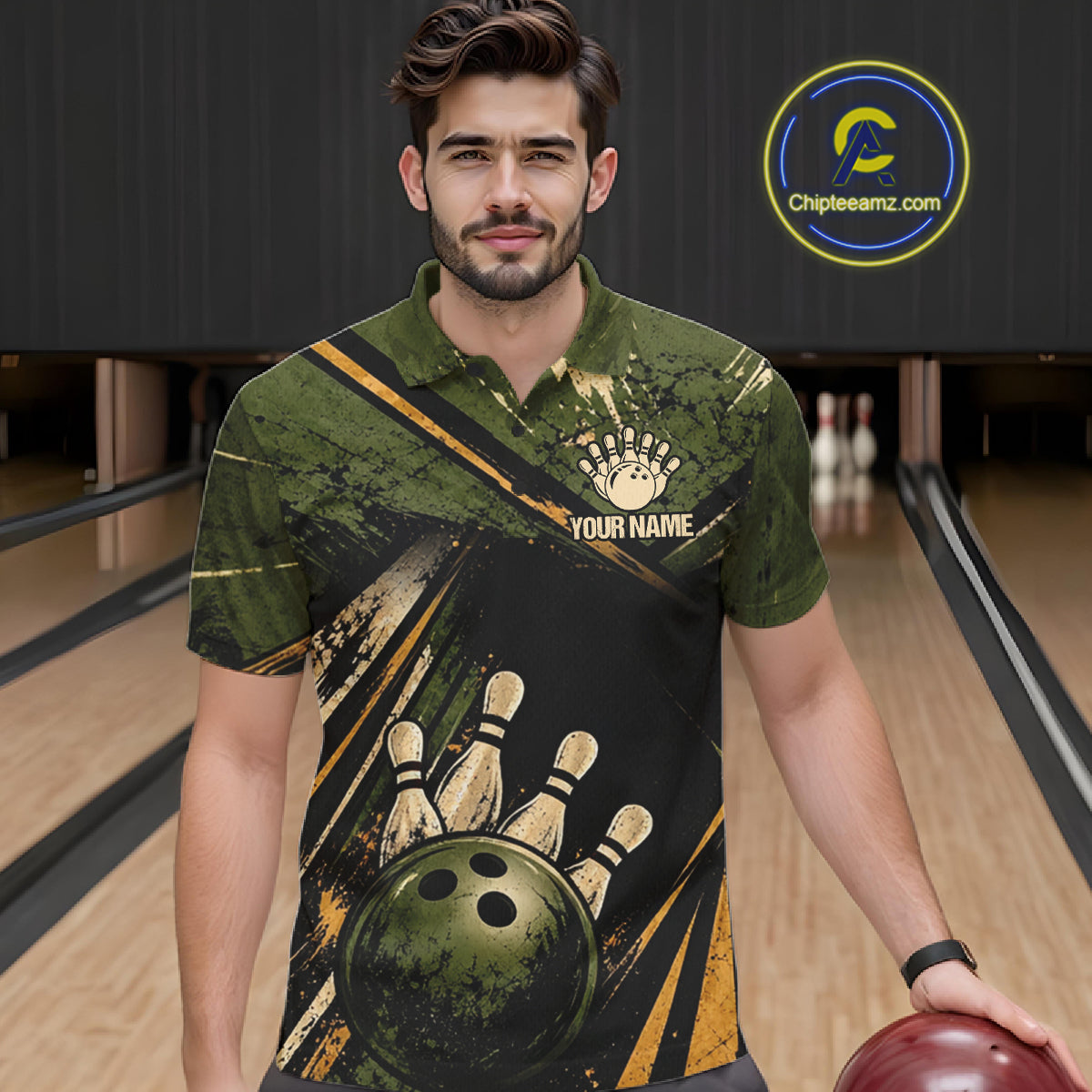 Green And Yellow Grunge Bowling Polo 1/4-Zip For Men Custom Bowling Team Jersey Bowling League NYN4645