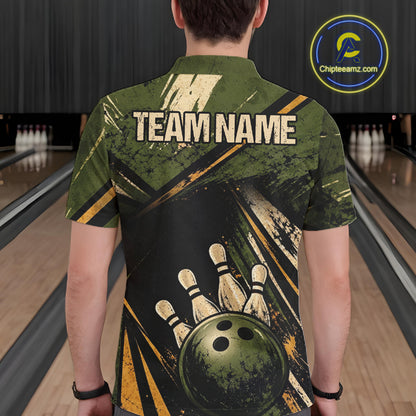 Green And Yellow Grunge Bowling Polo 1/4-Zip For Men Custom Bowling Team Jersey Bowling League NYN4645