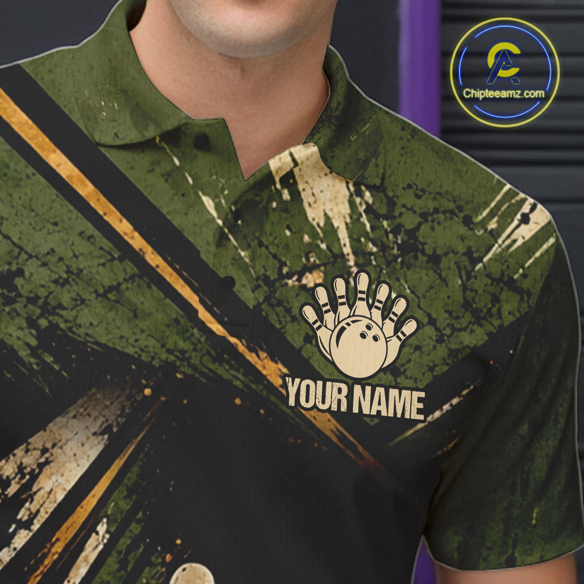 Green And Yellow Grunge Bowling Polo 1/4-Zip For Men Custom Bowling Team Jersey Bowling League NYN4645