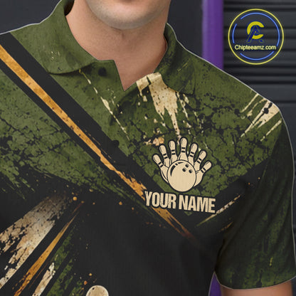Green And Yellow Grunge Bowling Polo 1/4-Zip For Men Custom Bowling Team Jersey Bowling League NYN4645