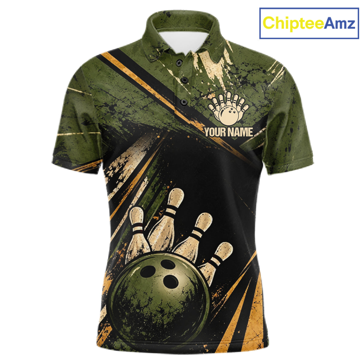 Green And Yellow Grunge Bowling Polo 1/4-Zip For Men Custom Bowling Team Jersey Bowling League NYN4645