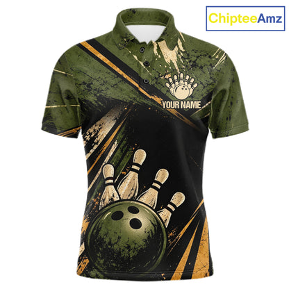 Green And Yellow Grunge Bowling Polo 1/4-Zip For Men Custom Bowling Team Jersey Bowling League NYN4645