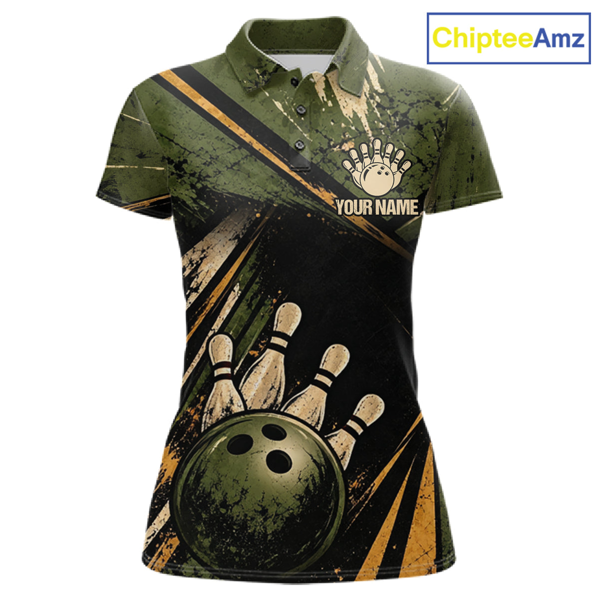 Green And Yellow Grunge Bowling Polo 1/4-Zip For Women Custom Bowling Team Jersey Bowling League NYN4645