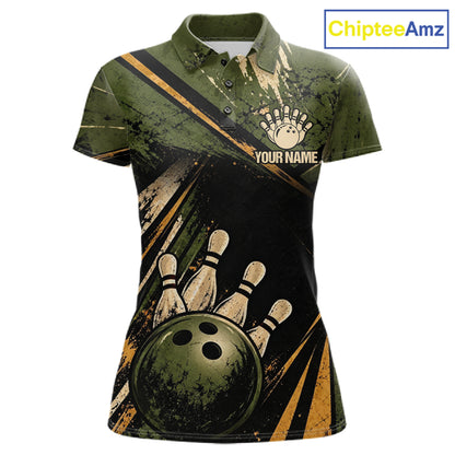 Green And Yellow Grunge Bowling Polo 1/4-Zip For Women Custom Bowling Team Jersey Bowling League NYN4645