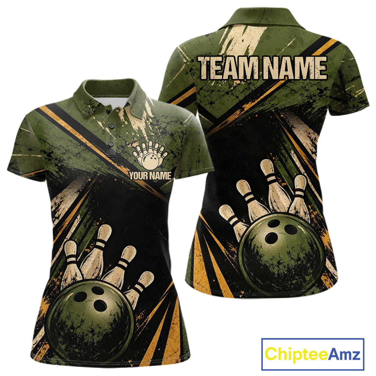 Green And Yellow Grunge Bowling Polo 1/4-Zip For Women Custom Bowling Team Jersey Bowling League NYN4645