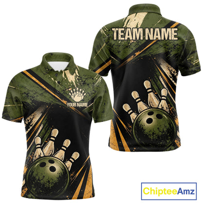 Green And Yellow Grunge Bowling Polo 1/4-Zip For Men Custom Bowling Team Jersey Bowling League NYN4645