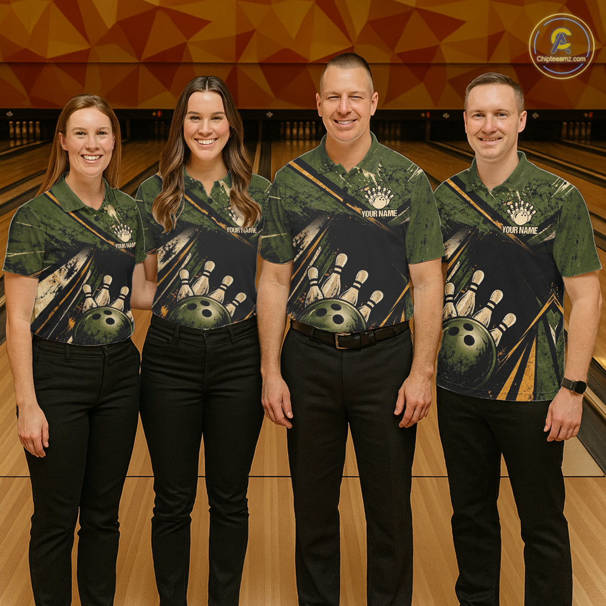 Green And Yellow Grunge Bowling Polo 1/4-Zip For Men Custom Bowling Team Jersey Bowling League NYN4645