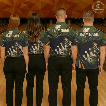 Green And Yellow Grunge Bowling Polo 1/4-Zip For Men Custom Bowling Team Jersey Bowling League NYN4645