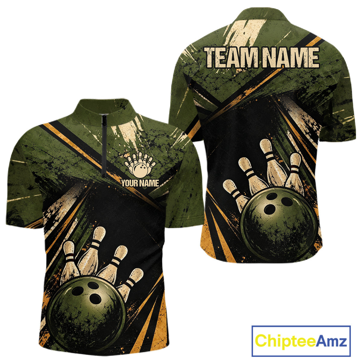 Green And Yellow Grunge Bowling Polo 1/4-Zip For Men Custom Bowling Team Jersey Bowling League NYN4645