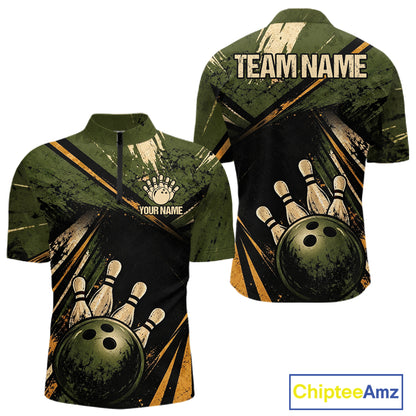 Green And Yellow Grunge Bowling Polo 1/4-Zip For Men Custom Bowling Team Jersey Bowling League NYN4645