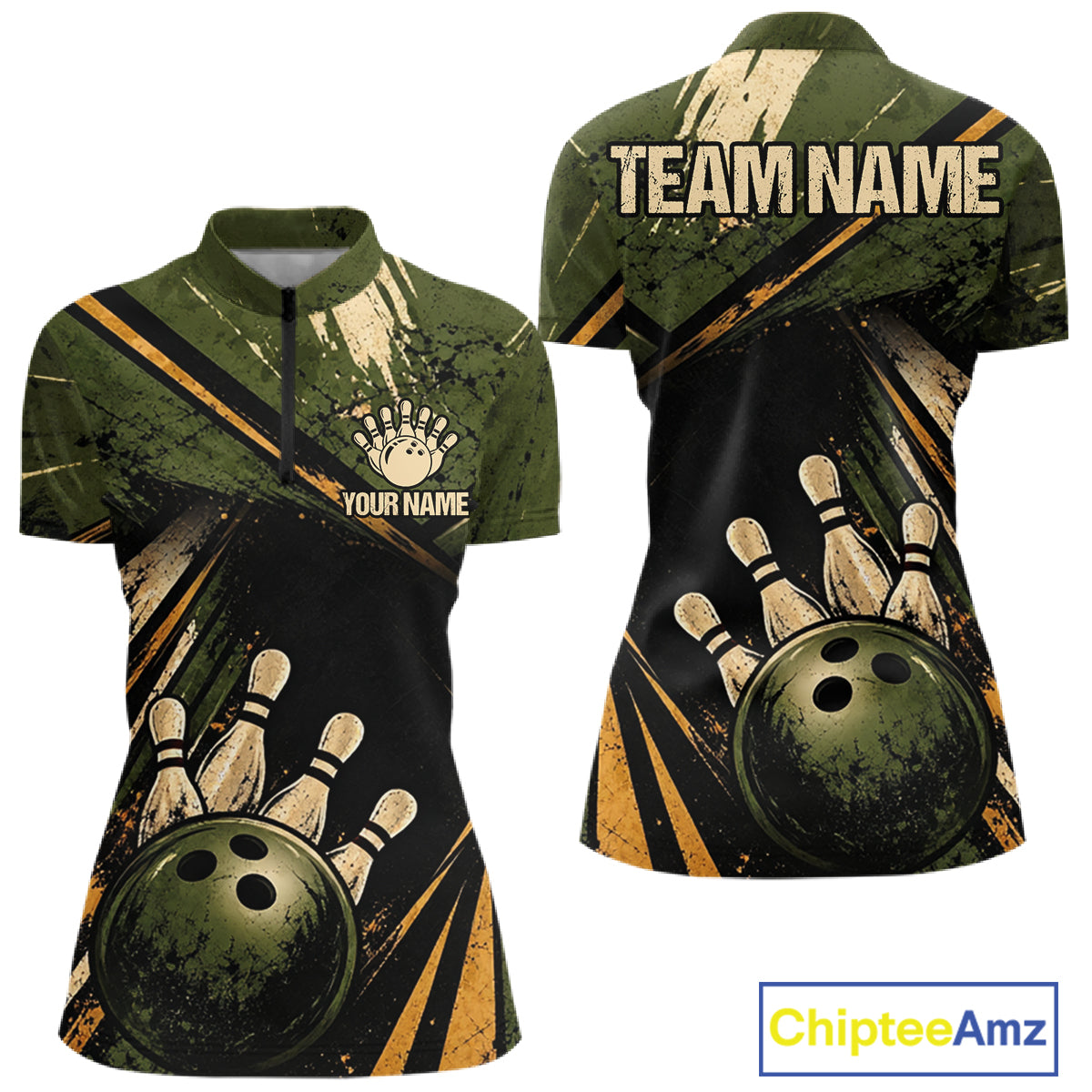 Green And Yellow Grunge Bowling Polo 1/4-Zip For Women Custom Bowling Team Jersey Bowling League NYN4645
