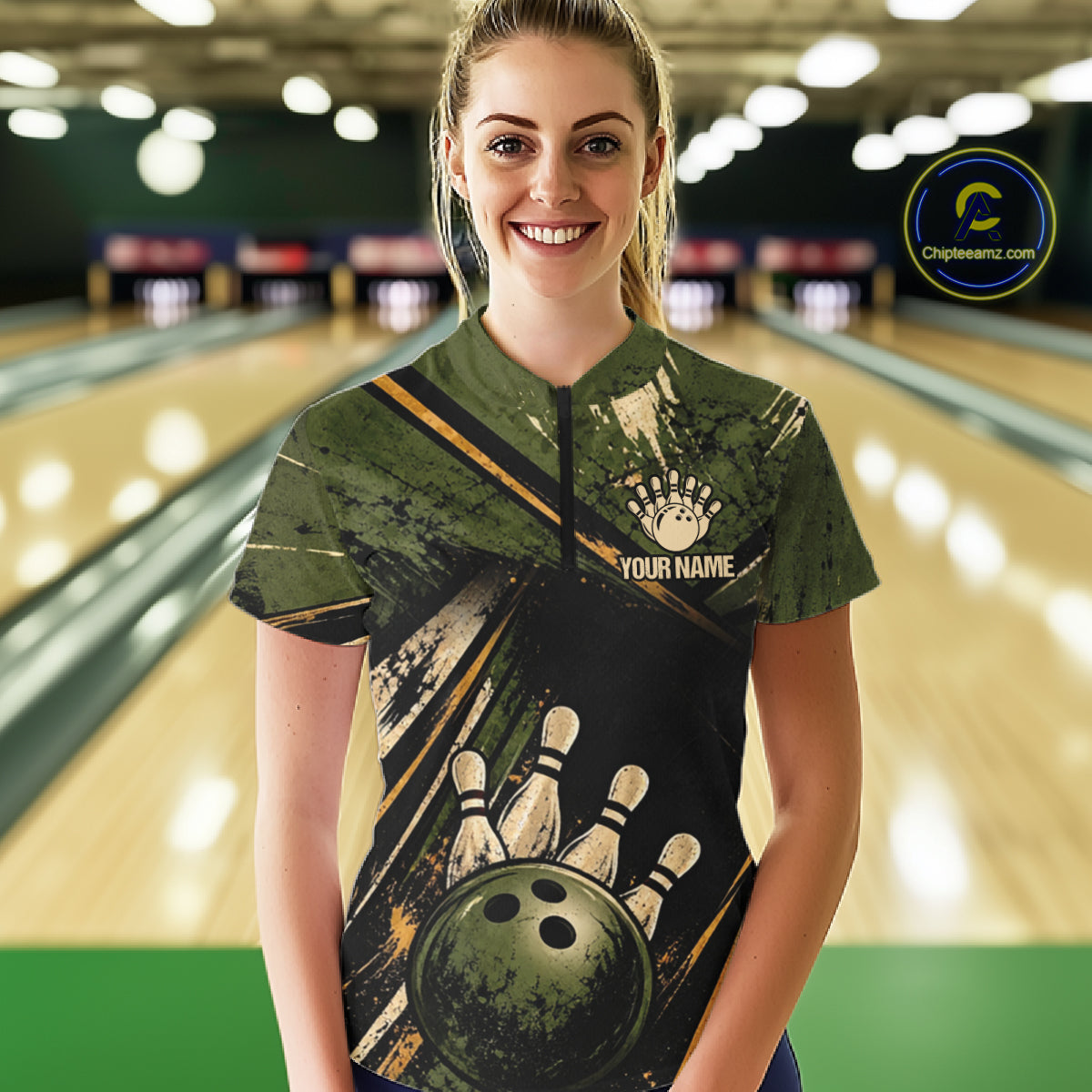 Green And Yellow Grunge Bowling Polo 1/4-Zip For Women Custom Bowling Team Jersey Bowling League NYN4645