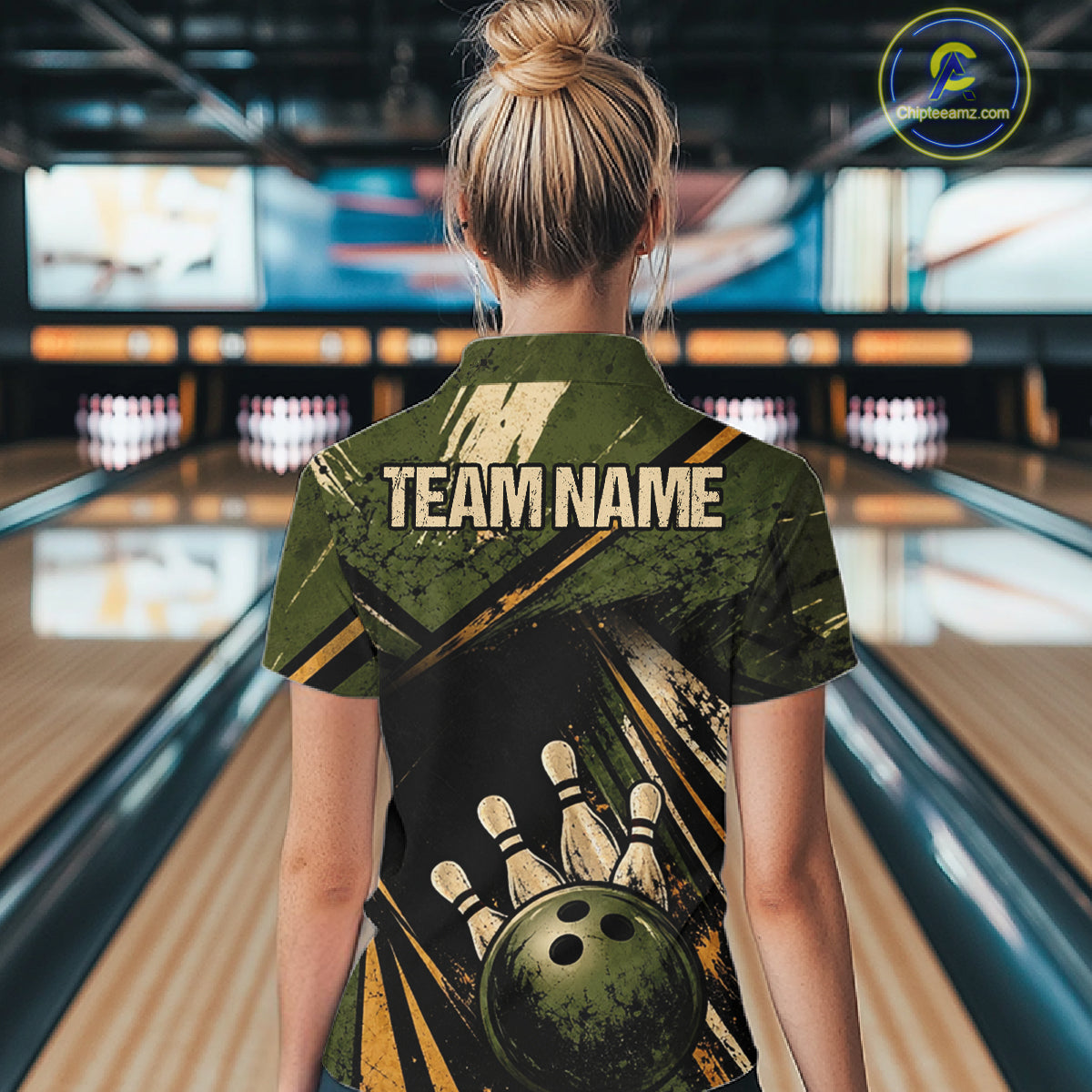Green And Yellow Grunge Bowling Polo 1/4-Zip For Women Custom Bowling Team Jersey Bowling League NYN4645