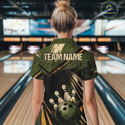Green And Yellow Grunge Bowling Polo 1/4-Zip For Women Custom Bowling Team Jersey Bowling League NYN4645