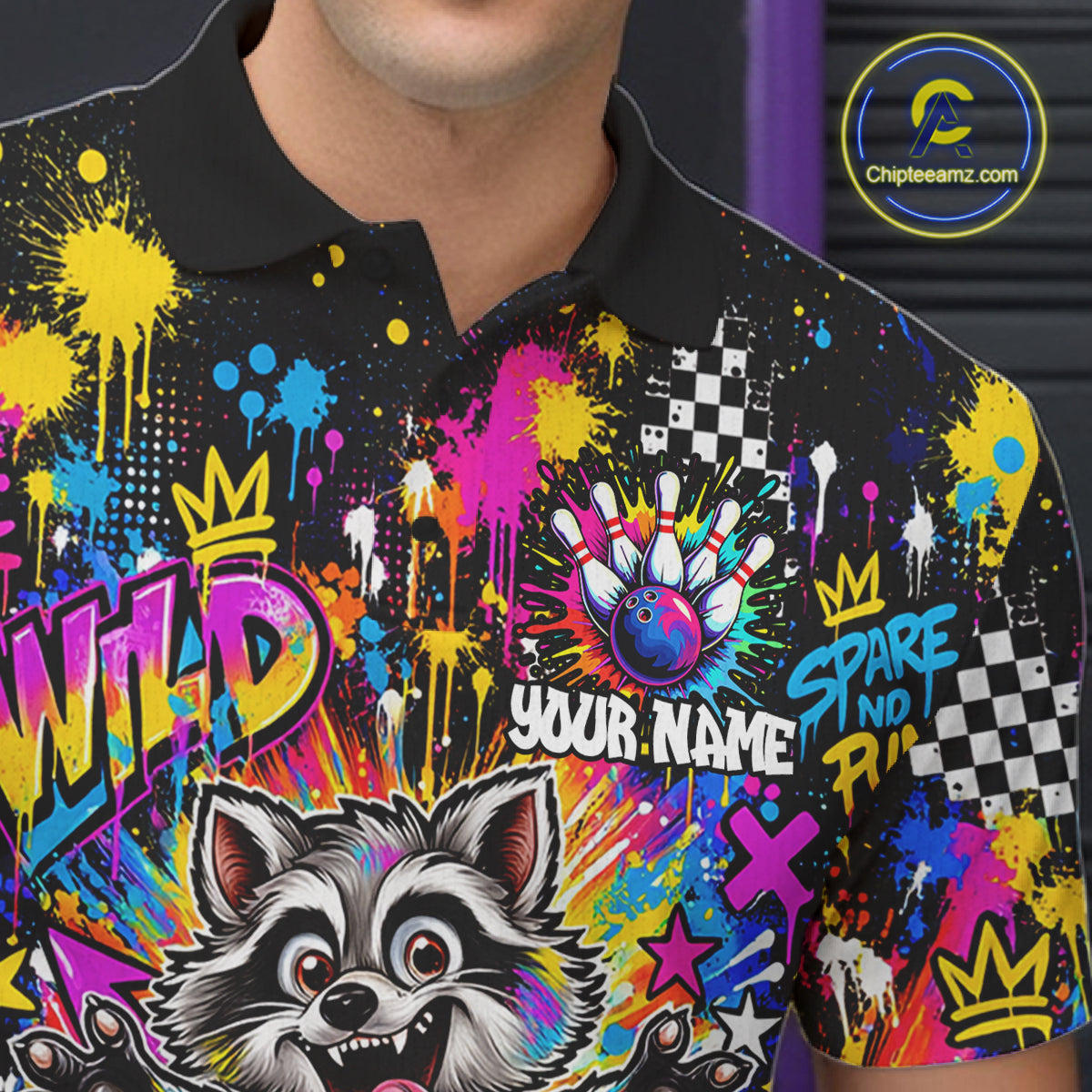 Funny Raccoon Bowling Polo 1/4-Zip Shirt For Men Colorful Splatter Graffiti Bowling Team League NYN4650