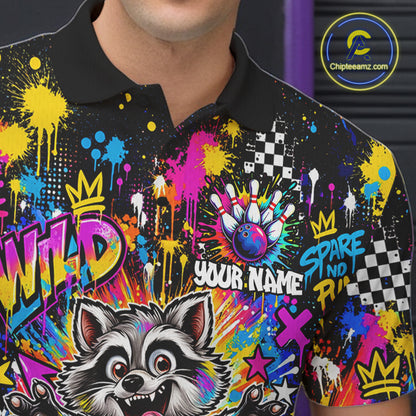 Funny Raccoon Bowling Polo 1/4-Zip Shirt For Men Colorful Splatter Graffiti Bowling Team League NYN4650