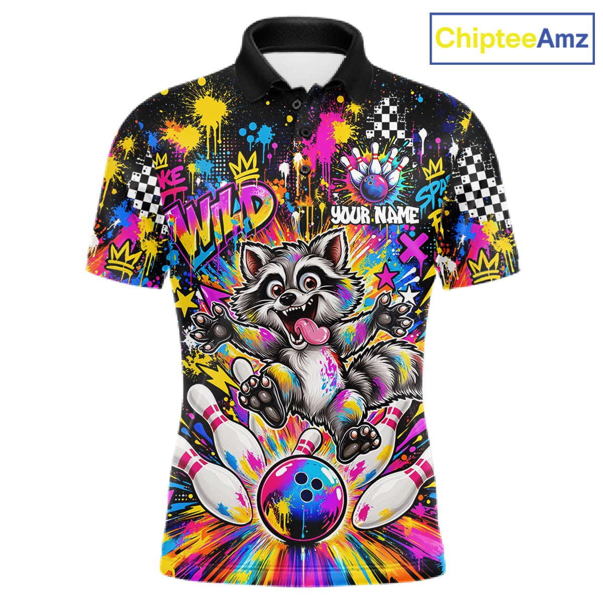 Funny Raccoon Bowling Polo 1/4-Zip Shirt For Men Colorful Splatter Graffiti Bowling Team League NYN4650