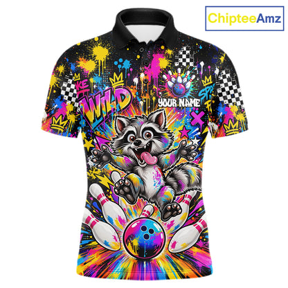 Funny Raccoon Bowling Polo 1/4-Zip Shirt For Men Colorful Splatter Graffiti Bowling Team League NYN4650