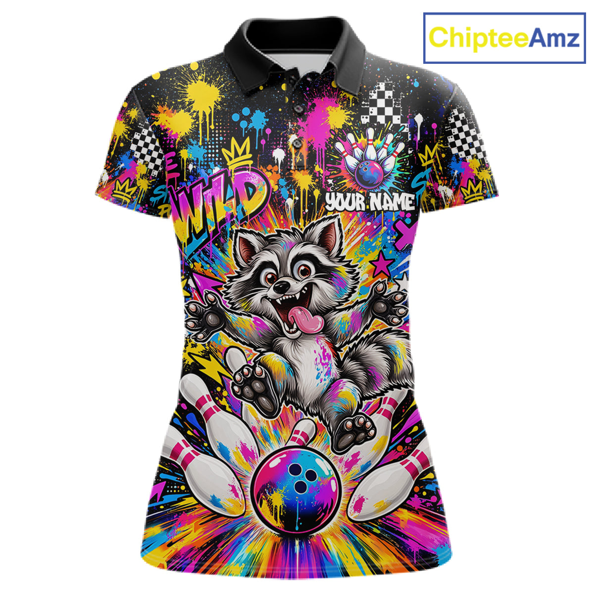 Funny Raccoon Bowling Polo 1/4-Zip Shirt For Women Colorful Splatter Graffiti Bowling Team League NYN4650