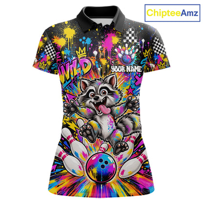 Funny Raccoon Bowling Polo 1/4-Zip Shirt For Women Colorful Splatter Graffiti Bowling Team League NYN4650