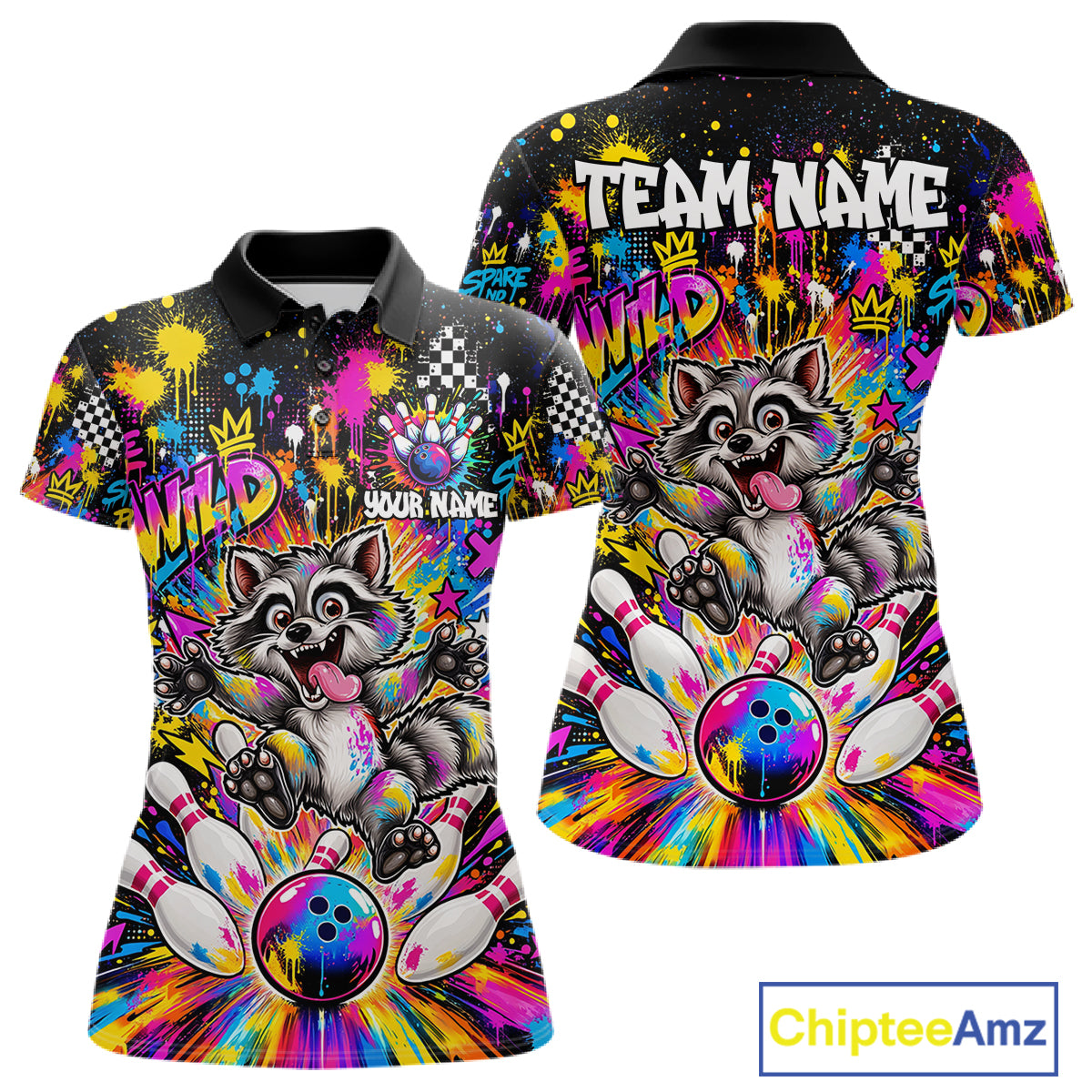 Funny Raccoon Bowling Polo 1/4-Zip Shirt For Women Colorful Splatter Graffiti Bowling Team League NYN4650