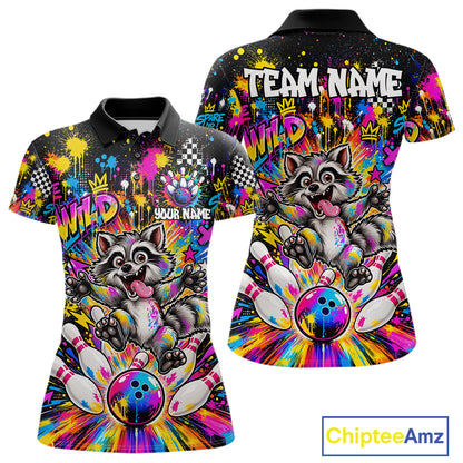 Funny Raccoon Bowling Polo 1/4-Zip Shirt For Women Colorful Splatter Graffiti Bowling Team League NYN4650