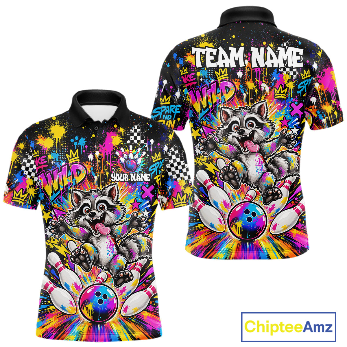 Funny Skunk Bowling Polo 1/4-Zip Shirt For Men Colorful Splatter Graffiti Bowling Team League NYN4651